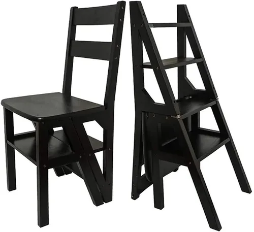 Vista 2 de Taburete plegable de madera, silla de escalera portátil, silla de escalera multifunción, silla de escalera para biblioteca del hogar, máximo 4 Negro
