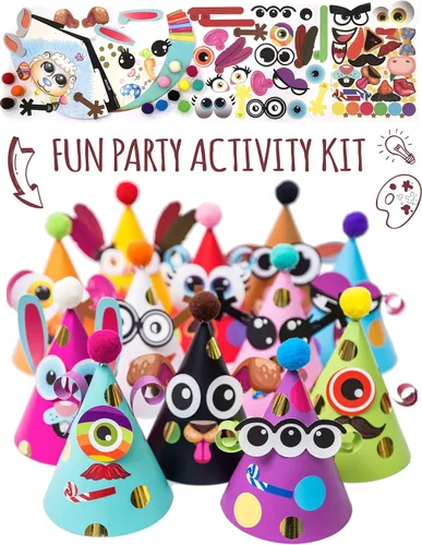 Vista 8 de Sombreros de fiesta de Glittery Garden para niños, arte y manualidades. Divertido kit de actividades de cumpleaños con pegatinas. Adorno de fiesta
