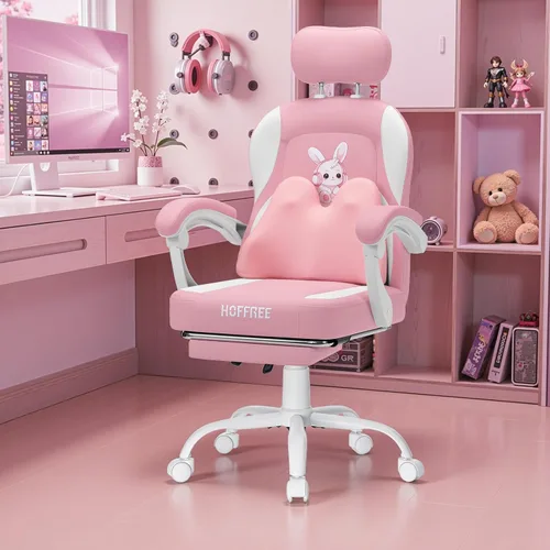Vista 9 de Silla de juegos rosa para niñas y niños, sillas de computadora de masaje con lindo conejito Cute Silla Gamer 135° Reclining Game Cahir with