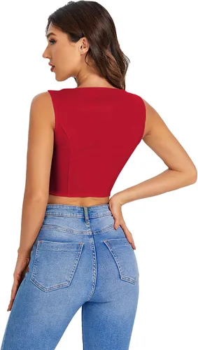 Vista 2 de SweatyRocks Chaleco corto con dobladillo asimétrico y botones en la parte delantera para mujer, cuello en V, sin mangas, para mujer
