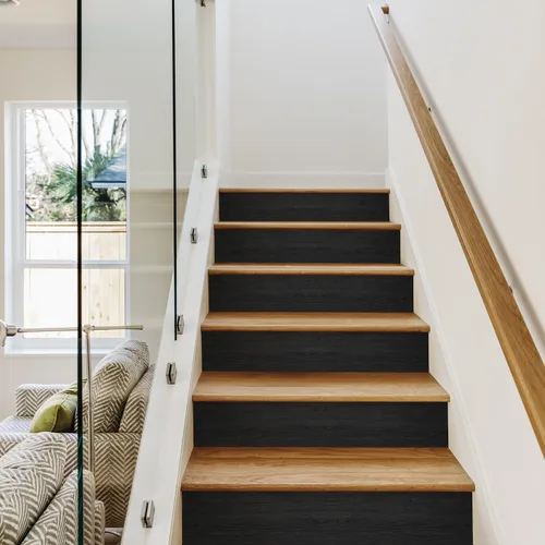 Vista 7 de Funlife - Tiras largas de adhesivos de imitación de madera negra para escalones de escalera, adhesivos de escalera de vinilo autoadhesivos