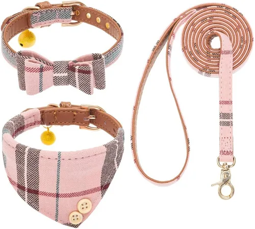 Vista 10 de EXPAWLORER Juego de collar y correa para cachorros, collar clásico a cuadros para perros pequeños con corbatín, bonito juego de collar y correa