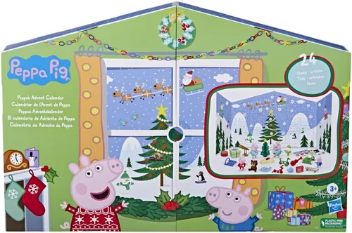 Vista 3 de Peppa Pig Peppa's - Calendario de Adviento para niños, contiene 24 juguetes sorpresa, 4 figuras familiares de Peppa Pig navideños; a partir de 3 años