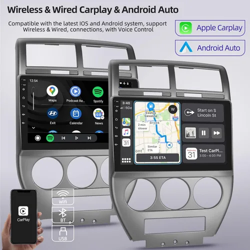 Vista 3 de [2+64G] Estéreo de coche Android para Jeep Compass Patriot 2007 2008 2009 con Apple Carplay y Android Auto 10.1 pulgadas pantalla táctil Radio