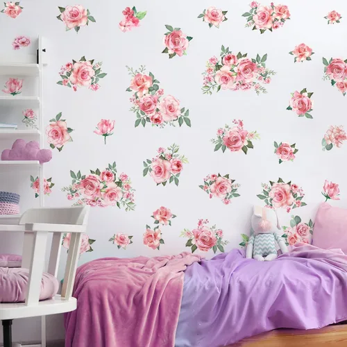 Vista 7 de Calcomanías de pared de flores rosas y hojas verdes, calcomanías de pared extraíbles para jardín para dormitorio y sala de estar