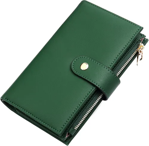 Vista 21 de yiijay Cartera para mujer con bloqueo RFID, de cuero vegano, triple pliegue, tarjetero para tarjetas de crédito, cartera de viaje con soporte