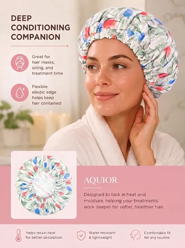 Vista 7 de Aquior Gorro de ducha grande reutilizable impermeable para mujeres, gorro de ducha para cabello largo y grueso, para todas las longitudes de Verde
