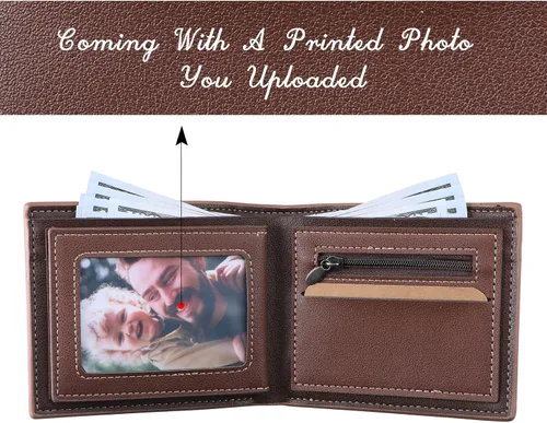 Vista 12 de INBLUE Billetera plegable grabada personalizada, cartera de cuero personalizada con foto y texto grabado, regalos para hombres, marido, papá, hijo