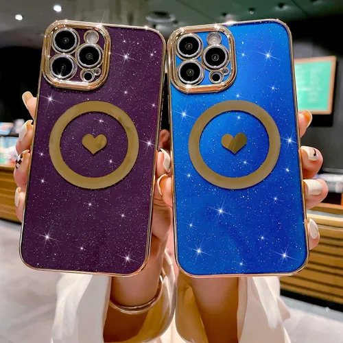 Vista 4 de Funda magnética con purpurina compatible con iPhone 12 Pro de 6.1 pulgadas, funda de lujo con diseño de corazón de amor, compatible con MagSafe