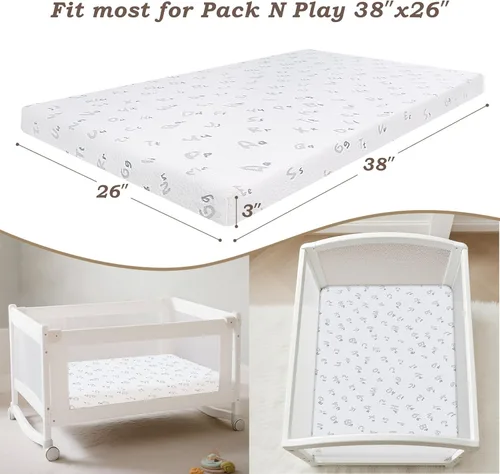 Vista 3 de Colchón Pack and Play, 38 x 26 x 3 pulgadas, Pack N Play, con funda extraíble transpirable, colchones de espuma viscoelástica de doble cara