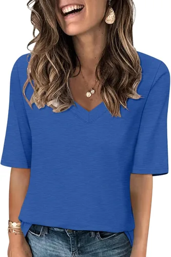 Vista 28 de Minetom Camisetas de verano básicas de media manga con cuello en V para mujer