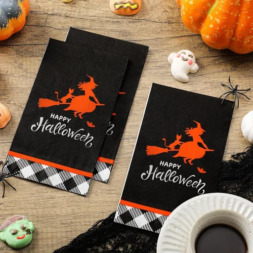 Vista 3 de 100 servilletas de papel de Halloween con diseño de bruja de Halloween, servilletas de cóctel desechables, servilletas de cóctel para cena, toalla