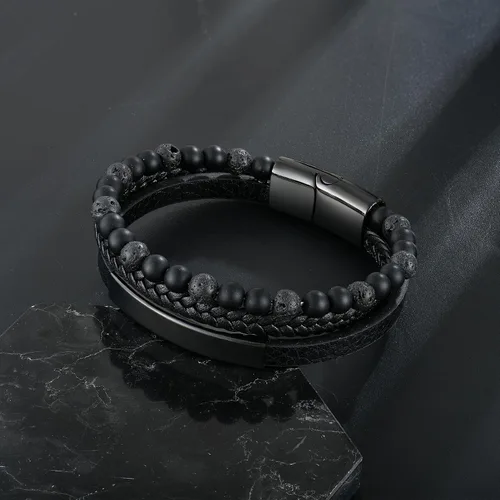 Vista 5 de Pulsera de cuentas de piedra volcánica de piedra volcánica de ónix negro y ojo de tigre mate para hombre, pulsera de cuero trenzado negro para hombre