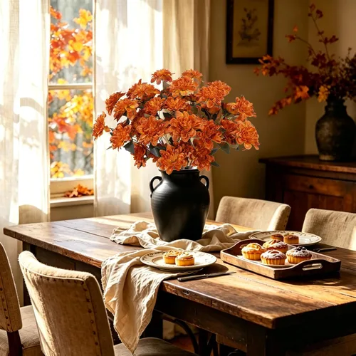 Vista 7 de Ramo de flores artificiales de dalia de seda naranja quemada, arreglo de flores de imitación para mamá, decoración de terracota, flores falsas