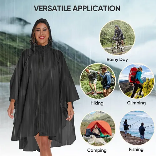 Vista 7 de PTEROMY Hooded Rain Poncho for Adult with Pocket and Zipper, Waterproof Lightweight Raincoat for-Men and Women