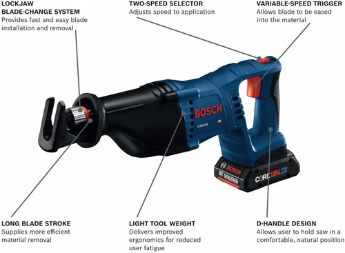 Vista 2 de BOSCH CRS180-B15 Kit de sierra recíproca con mango en D de 18 V, 1-1/8 pulgadas, con (1) batería de alimentación avanzada CORE18V 4 Ah