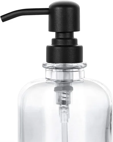 Vista 4 de Dispensador de jabón de manos en tarro grueso de vidrio transparente para baño con bomba de acero inoxidable negro mate, dispensador de botellas