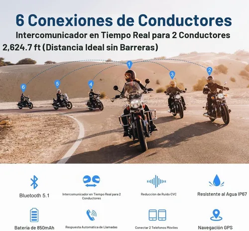 Vista 2 de MIMIRACLE V6 Pro - Casco de motocicleta Bluetooth para hasta 6 conductores, 2 vías, 1200 M, IP65, impermeable, sistema de comunicación inalámbrico