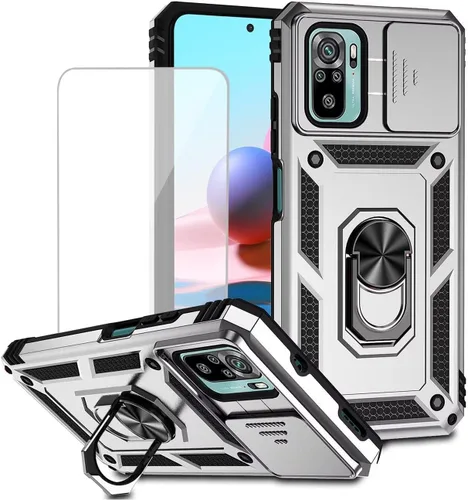 Vista 8 de Funda para Redmi Note 10/Redmi Note 10S/Poco M5S con protector de pantalla de vidrio templado y cubierta de cámara deslizante, anillo magnético Negro