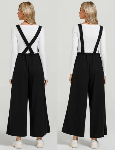 Vista 4 de luvamia Overol para mujer, ajuste holgado, de punto gofre, holgado, de pierna ancha, overol cómodo, informal, pantalón largo