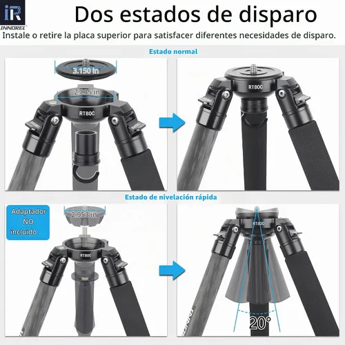 Vista 4 de Trípode de Fibra de Carbono RT80C Profesional para Observación de Aves de Alta Resistencia Cámara de 20kg de Carga Máxima Trípode de Cuenco