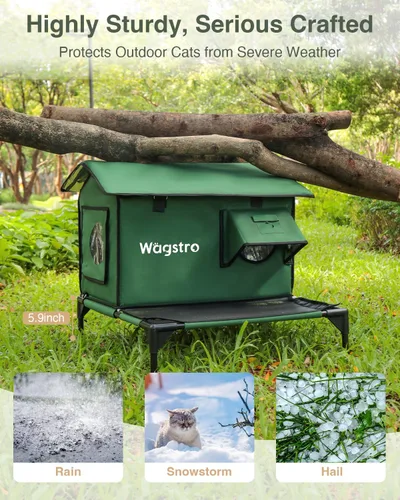 Vista 2 de Casa Grande Climatizada para Gatos de Exterior con Plataforma Sin Humedad, Muy Elevada, Puerta de Solo Salida, Refugio Exterior Aislado e
