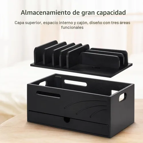 Vista 2 de Homde Organizador de estación de carga de bambú: 6 compartimentos y cajón Negro