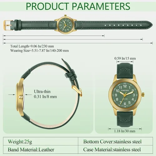 Vista 3 de Reloj analógico de cuarzo para mujer, mini reloj de vestir para mujer, esfera de fácil lectura, 3ATM, resistente al agua, correa de cuero, correa