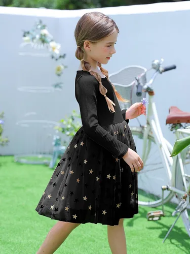 Vista 3 de Vestidos de manga larga tutú para niña, vestido de tul esponjoso para otoño, invierno, rosa y negro, vestidos de 4 a 8 años