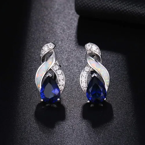 Vista 7 de Set de joyas Hermosa de ópalo para mujer, collar con colgante, pendientes de botón, arcoíris de zafiro, topacio místico, cadena de 45 cm.