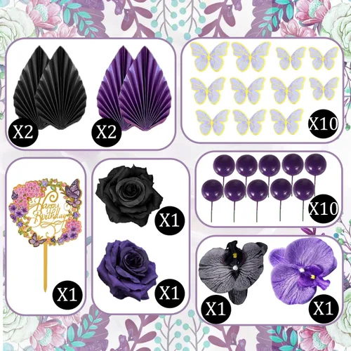 Vista 3 de 29 piezas de decoración de pastel de flores, hojas de palma, bola de mariposa, decoración bohemia para tartas, decoración de pastel de cumpleaños