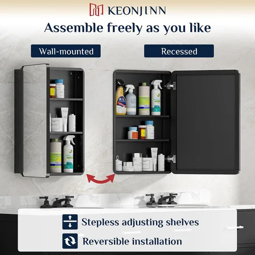 Vista 7 de Keonjinn Gabinetes de medicina delgados negros de 15 x 36 pulgadas, botiquín lateral estrecho para baño con espejo, marco de acero inoxidable