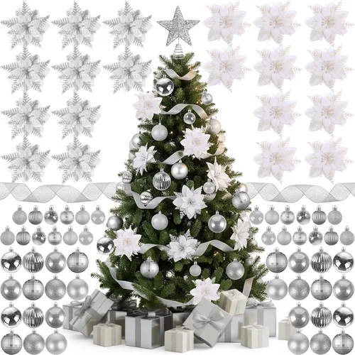 Vista 9 de Skylety Juego de 104 piezas de decoraciones para árbol de Navidad, adorno colgante azul de Navidad, bolas para árbol, estrella para la punta, flor