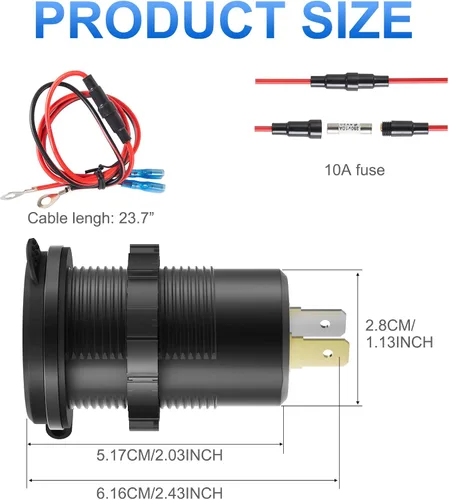 Vista 6 de Toma USB de 12V Cable Cargador USB Multipuerto, Dual PD3.0 USB-C y Carga Rápida 3.0 Puerto de Coche con Interruptor de Encendido, Carga Rápida