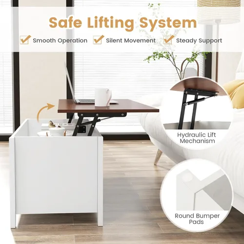 Vista 7 de Mesa auxiliar elevable, mesa de té moderna 2 en 1 con compartimento de almacenamiento oculto y 3 estantes de almacenamiento abiertos, mesa central