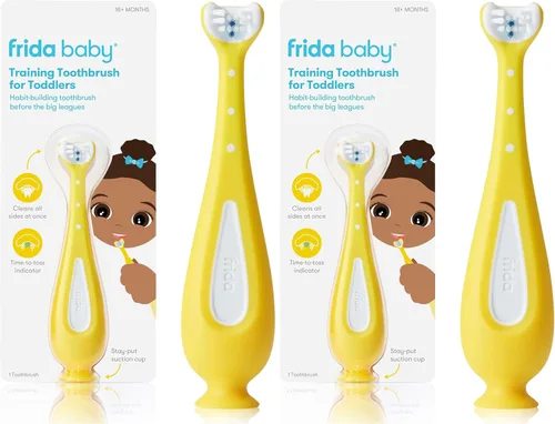 Vista 8 de Frida Baby Cepillo de dientes de entrenamiento para bebés con cerdas de silicona suave, amarillo