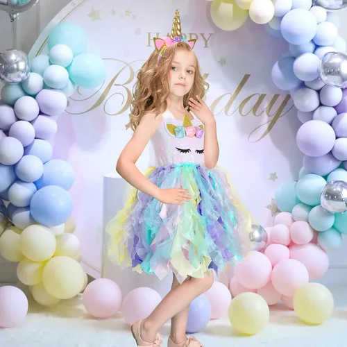 Vista 8 de PARTISKY Vestido de unicornio de Halloween para niñas, 3-10 años, disfraz de unicornio con lentejuelas, vestido tutú de princesa para fiesta