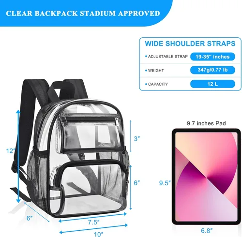 Vista 3 de Bolsa transparente para eventos en estadios, mochila transparente de 12 x 6 x 12 pulgadas con correa reforzada, bolsa de estadio para conciertos