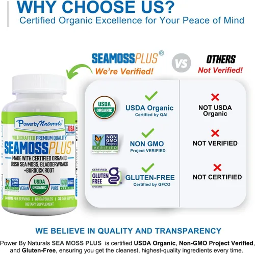 Vista 4 de Power By Naturals SeaMoss Plus - Cápsulas de musgo marino irlandés orgánico USDA con musgo marino irlandés cosechado en la naturaleza, fucus y raíz