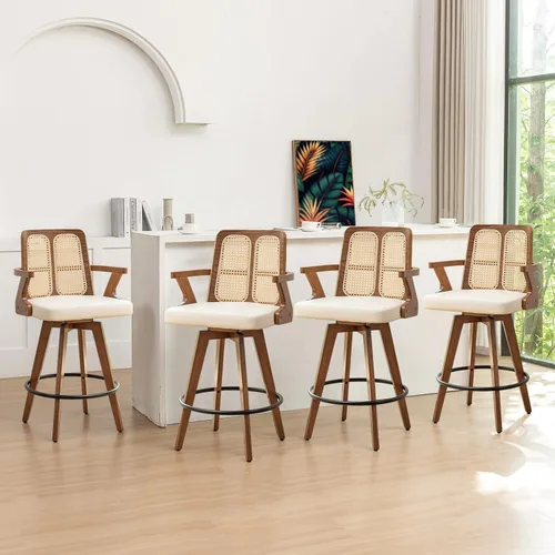 Vista 26 de Juego de 2 Taburetes de Mostrador - Taburetes Giratorios de 27 Pulgadas con Respaldo de Ratán, Brazos Curvos, Asiento Tapizado, Patas de Bambú Nogal
