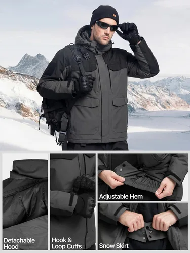 Vista 5 de FREE SOLDIER Chaqueta de esquí impermeable para hombre, abrigo cálido de invierno para nieve, snowboard con múltiples bolsillos, capucha desmontable