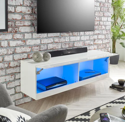 Vista 2 de MMT Furniture Designs Ltd Soporte de TV con luz LED azul de 55 pulgadas, soporte de TV brillante flotante montado en la pared, estante de TV