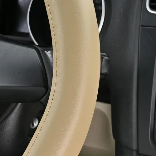 Vista 3 de Haokay Funda para volante de piel de vaca pura resistente, para SUV, color beige, funda de volante de cuero genuino para hombres y mujeres