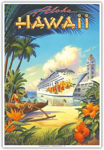 Vista 10 de Pride of Hawaii Cruise Ship - Aloha Towers Honolulu Harbor - Póster de viaje hawaiano vintage por Kerne Erickson - Impresión artística maestra