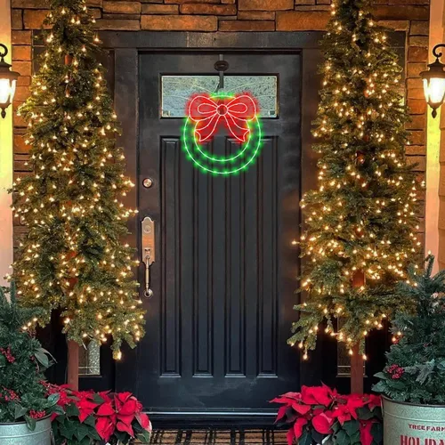 Vista 6 de CESOF Guirnalda de luces de ventana de Navidad, corona de Navidad iluminada de 14 pulgadas con lazo, temporizador de control remoto alimentado por