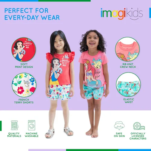 Vista 4 de Disney Frozen Moana Princess Tiana - Conjunto de camiseta floral y pantalones cortos de rizo francés para niños pequeños y grandes