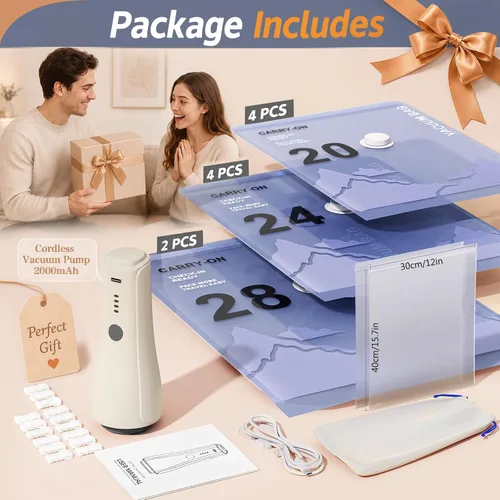 Vista 8 de QcoQce Bolsas inalámbricas de almacenamiento al vacío con bomba, paquete de 12 (2 L/4 M/4 S/2 bono), bolsas de ahorro de espacio para viajes