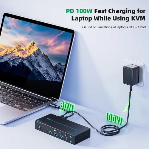 Vista 11 de 2 monitores 4 computadoras KVM Switch portátil y escritorio 4 puertos híbrido USB-C docking y doble Displayport y DP HDMI y Dual HDMI 4K@60Hz KVM