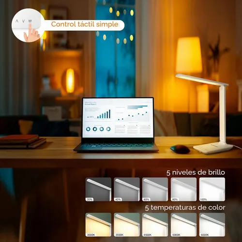 Vista 2 de Lámpara de escritorio LED White Crown con cargador inalámbrico de 15W y puerto USB, lámpara de mesa regulable con 5 modos de iluminación, control