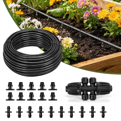 Vista 10 de Tubo de riego por goteo de 100 pies y 1/2 pulgada con 10 accesorios de riego por goteo de 1/2 a 1/4 pulgadas, manguera de línea de goteo y 3 vías